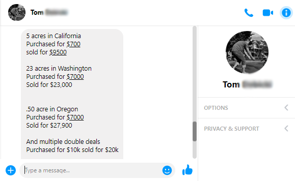 Facebook message from Tom