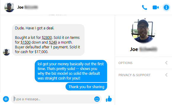 Facebook message from Joe