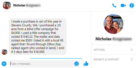 Facebook message from Nicholas