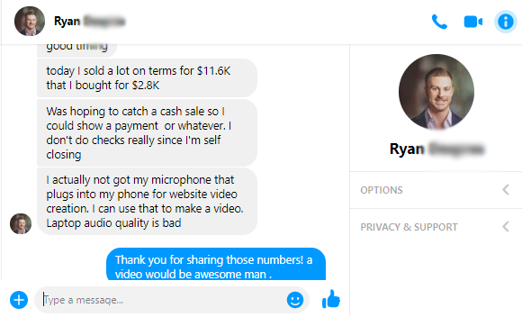Facebook message from Ryan